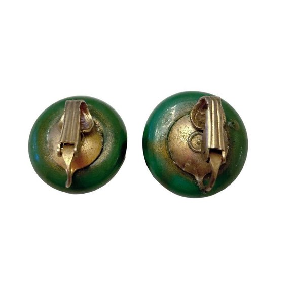 Vintage Green Abstract Dot Clip On Non-Pierced Earrings Goldtone .75" - Picture 4 of 6